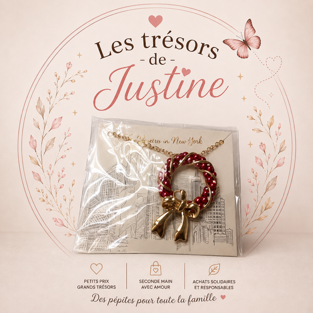 🎀 Collier fantaisie nœud doré – perles rouges & roses