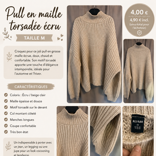 Pull en maille torsadé écru