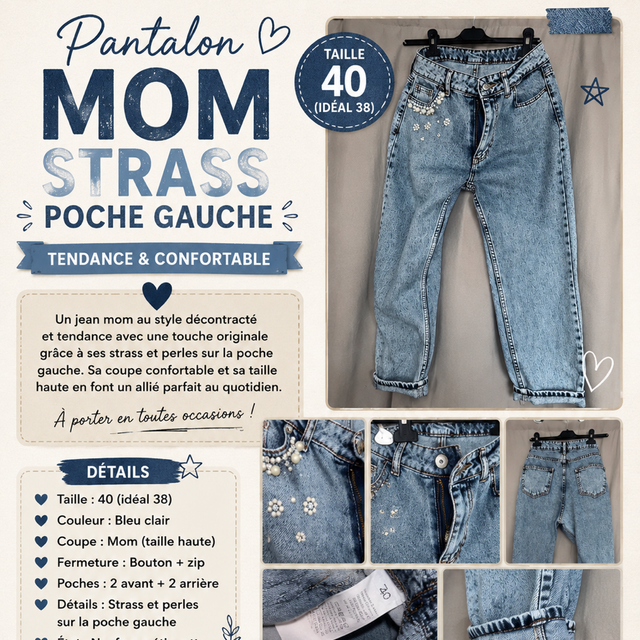 Pantalon mom à strass