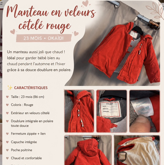 ❤️ Manteau bébé en velours côtelé – 23 mois