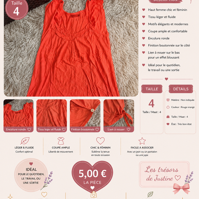 Haut femme Tissaia – Taille 46/48 – Rouge corail ❤️