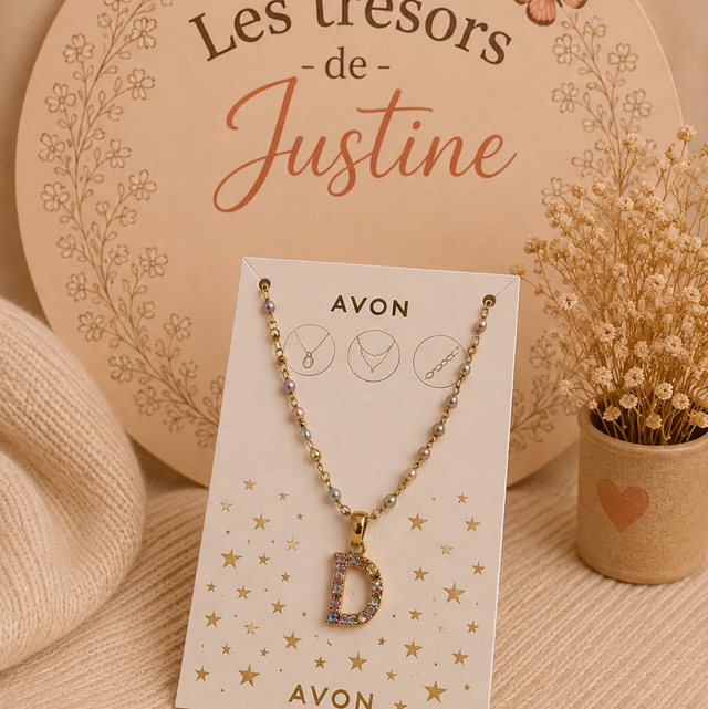 ✨ Collier AVON doré lettre D – pendentif pierres multicolores