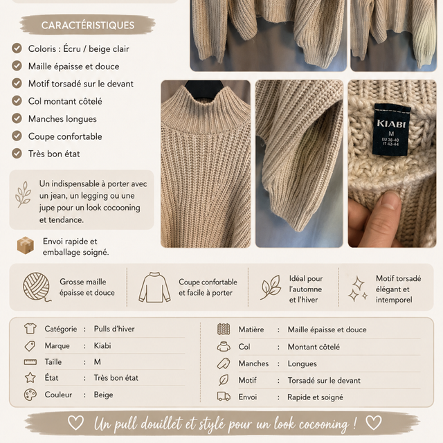 Pull en maille torsadé écru